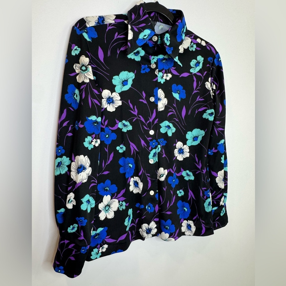 Vintage vibrant Floral Black Blue 70's dagger collar Shirt - Picture 4 of 9